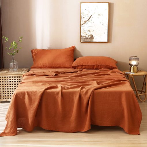 Juego de sabanas de lino frances organico 100% S VICTORY SYMBOL, certificado GOTS, lavado de piedra, 4 piezas, juego de ropa de cama de lino natural, super suave y lujoso (caramelo, king)