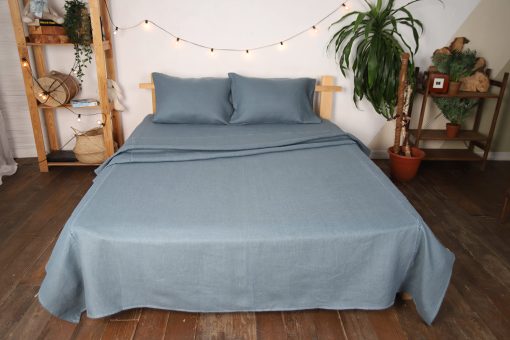 Juego de Sabanas y Fundas de Almohada de Lino WHOLEWOOLS - Sabana Bajera, Sabana y 2 Protectores de Almohada - Sabana de Cama de Lino Natural - 4 Piezas Transpirable, Ultra Suave (Twin, Azul Laguna) - Imagen 8