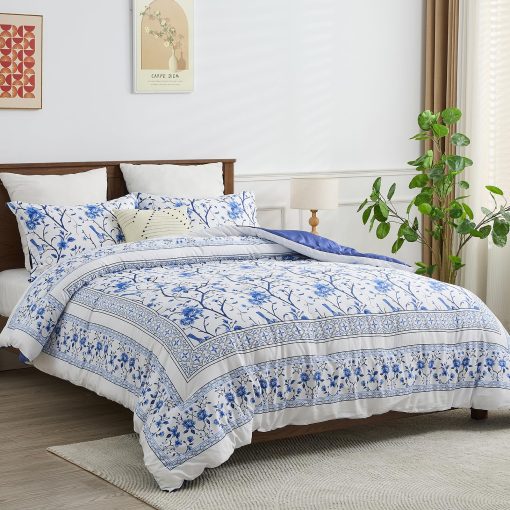 Set de Edredon Queen Size FineStichery, 100% Algodon de Fibra Larga Azul Ramas Florales, Juego de Ropa de Cama Acolchado Reversible de Estilo Granja Suave con Alternativa de Plumon y 2 Fundas de Almohada para Todas las Estaciones
