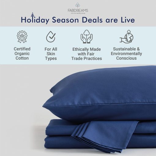 Juego de Sabanas Queen Size de 100% Algodon Organico con Tejido Percale | 300 Hilos | Certificado GOTS | Algodon de Fibra Larga | Fresco, Crispado y Transpirable | Ajuste para Colchones de hasta 17" de Bolsillo Profundo | Azul Oscuro - Imagen 2