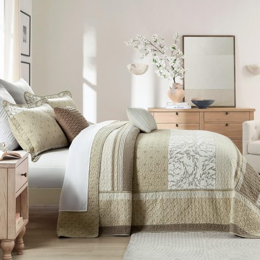Colcha de Cama Queen de Algodon Oversized FineStichery 120"x102", Juego de Colcha a Rayas Marron Beige con Fundas de Almohada, Ligero y Reversible, Todas las Estaciones, 3 Piezas - Imagen 4