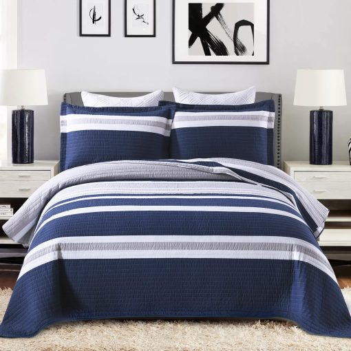 Edredon Queen Size a rayas azul marino PERHOM, Edredon Queen de algodon 100% con 2 fundas, Colchas/Colcha/Conjunto de ropa de cama Queen ligero para todas las estaciones, 3 piezas