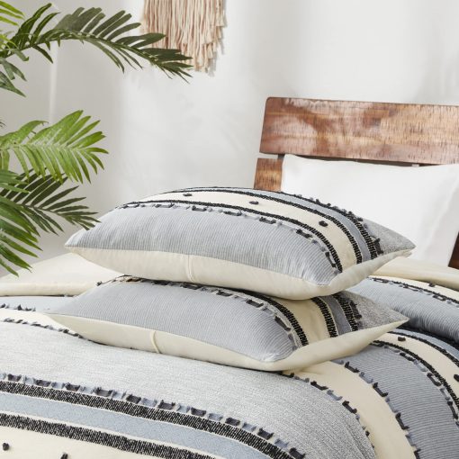 Juego de edredon Hyde Lane Boho Blue King - Conjunto de ropa de cama moderna de granja, tapizado con algodon y rayas jacquard en tonos neutros de estilo rustico recortado, 3 piezas que incluyen fundas de almohada a juego (104x90 pulgadas) - Imagen 5