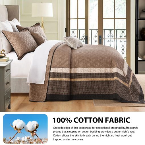 Colcha de Cama DDUOXIN Super King 120" Ancho x 120" Largo - Ligera Colcha de Algodon 100% Extra Grande con 2 Fundas de Almohada, Cubrecamas Reversible Estilo Granja, Juego de Ropa de Cama, Marron Oscuro/Marron/Beige - Imagen 3