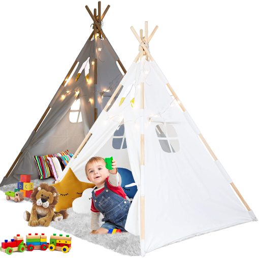 Tienda de campana para ninos LimitlessFunN Cotton Teepee | Incluye Bolsillos, Postes de Madera, Base Impermeable, Luces de Estrellas, Plumas y Estuche | Casa de Juegos Infantil para Ninos, Ninas y Ninos, 47"D x 47"W x 57"H