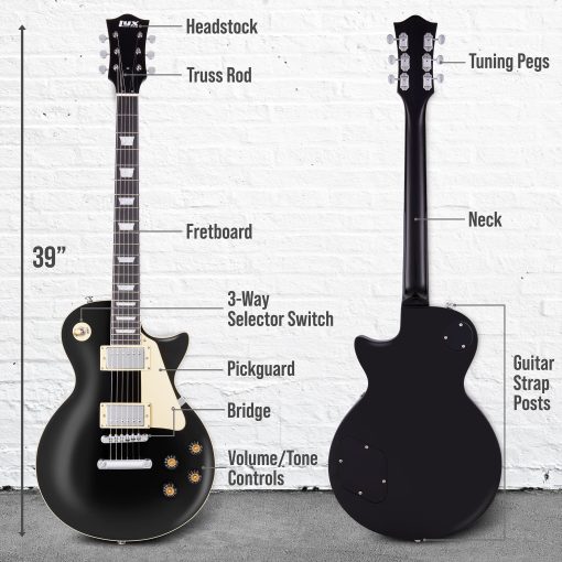 Guitarra Electrica LyxPro 39" Serie SB, Estilo LP para Principiantes, Intermedios y Profesionales Guitarra de Cuerpo Solido, Bonus 2-Pack de Puas, Madera de Caoba, Controles de Volumen/Tono, Pastillas de 3 vias - Negro - Imagen 6