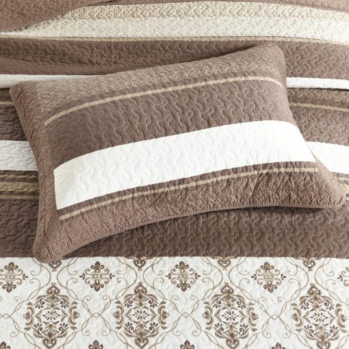 Colcha de cama de algodon 100% tamano Queen extragrande - 102"x120" Juego de colchas reversible con estampado a rayas marron, edredon ligero, cubrecamas transpirable de estilo campestre, marron/beige - Imagen 7