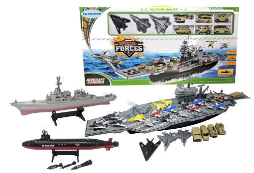 Combo de Portaaviones, Submarino y Destructor de juguete con vehiculos militares y aviones de combate