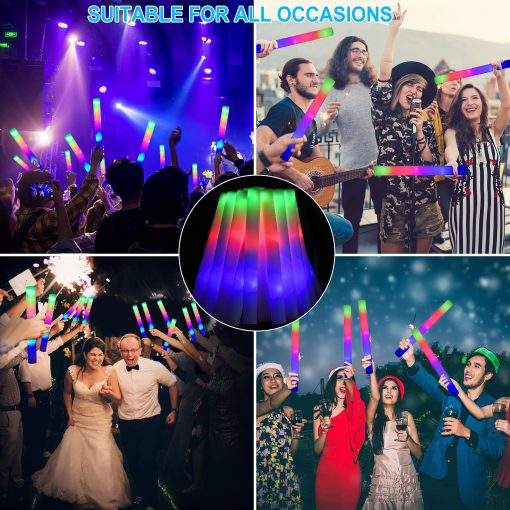 Blu7ive 100 + 2 Pack Palos Luminosos de Espuma a Granel, Paquete de Fiestas, Suministros de Fiesta, 3 Modos de Destello Glow in The Dark, Palos Luminosos para Bodas Raves Acampadas al Aire Libre - Imagen 4