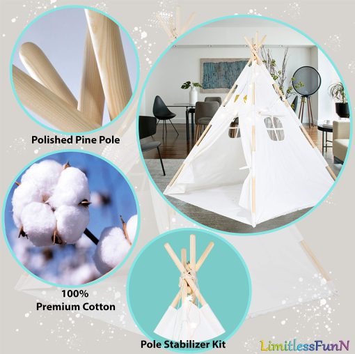 Tienda de campana para ninos LimitlessFunN Cotton Teepee | Incluye Bolsillos, Postes de Madera, Base Impermeable, Luces de Estrellas, Plumas y Estuche | Casa de Juegos Infantil para Ninos, Ninas y Ninos, 47"D x 47"W x 57"H - Imagen 6