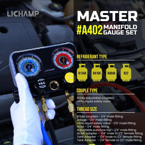 Juego de Manometros HVAC Lichamp R410A AC R134A, Freon R22 R32 410A 134A Juego de Manometros de Diagnostico con Kit de Mangueras Equipo de Recarga de Refrigerante para Aire Acondicionado - Imagen 2