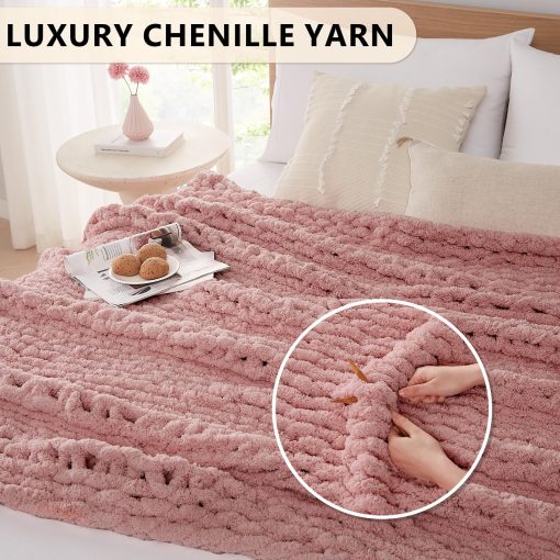 Manta de Punto Grueso L'AGRATY: 80''x90'' Manta de Punto Grueso de Chenilla para Cama Sofa - Manta de Punto Grueso Hecha a Mano - Manta de Ganchillo Gruesa para Decoracion del Hogar (Rosa) - Imagen 3