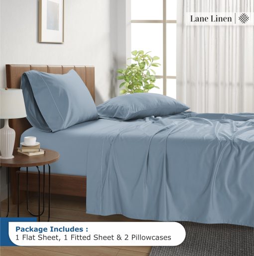 Juego de sabanas King Size LANE LINEN 100% algodon egipcio - 1500 hilos, 4 piezas - Juego de sabanas de algodon de lujo con tejido de saten King Size - Bolsillo extra profundo de 15" - Azul Frances - Imagen 3