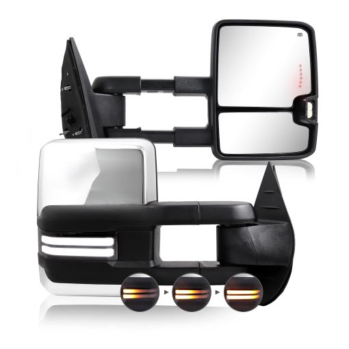 Espejo de remolque Switchback para Chevy Silverado GMC Sierra 2007-2014 Espejos de remolque con vidrio calefactado ajustable electricamente, luz de marcha, luz de senal de giro, lampara de respaldo, cromado