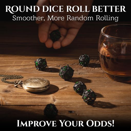 Conjunto de dados DND de metal - Diseno unico de orbe hueco redondo para un mejor lanzamiento - Conjunto de dados de metal Cthulhu geniales para juegos de rol (RPG) - Impresionante conjunto de dados de Dungeons and Dragons (Negro Verde) - Imagen 8