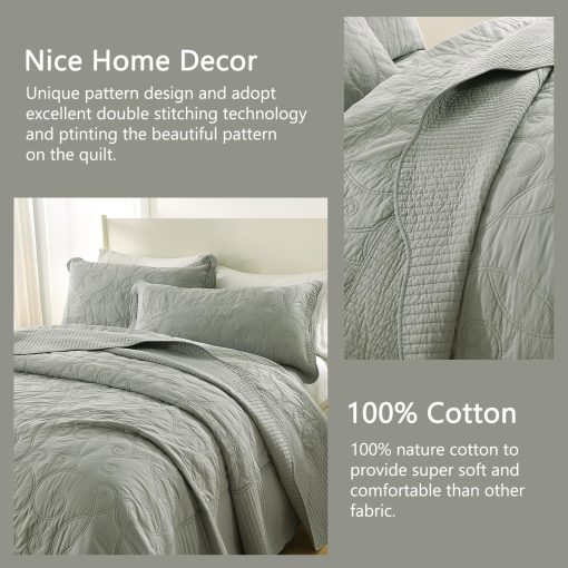 Colcha Queen Size Oversized Finlonte 120"x102" - 100% Algodon con Bordado en Enredadera, Colcha Acolchada Gris Solido, Conjunto de Colcha Extra Grande Suave para Cama Queen con 2 Fundas de Almohada - Imagen 4