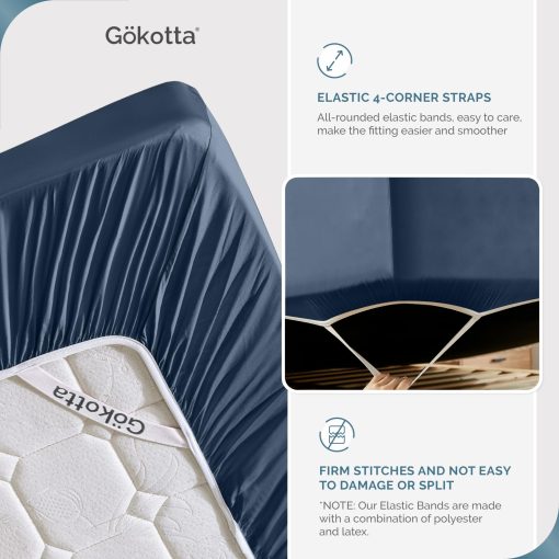Juego de sabanas tamano Queen GOKOTTA de 4 piezas, 100% Rayon Derivado de Bambu, Ideal para personas que duermen en caliente - Sabanas suaves y transpirables de lujo, Sabana ajustable con bolsillo profundo de 16" con correas elasticas en las esquinas, Azul Marino - Imagen 4