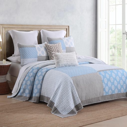 Juego de Colcha PANGUSHAN tamaño Queen, Juego de Cama de Algodon 100%, Colcha Reversible de Patchwork Floral para Cama Queen, Colcha Ligera en Azul Claro/Gris, Edredon Ligero para Todas las Estaciones, 3 Piezas - Imagen 2