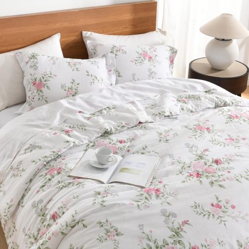 Set de edredon Floral Queen FineStichery - Juego de cama de edredones tamano queen de algodon mullido, juegos de ropa de cama suaves y ligeros, juego de cama acolchado de 3 piezas con fundas de almohada, blanco/rosa