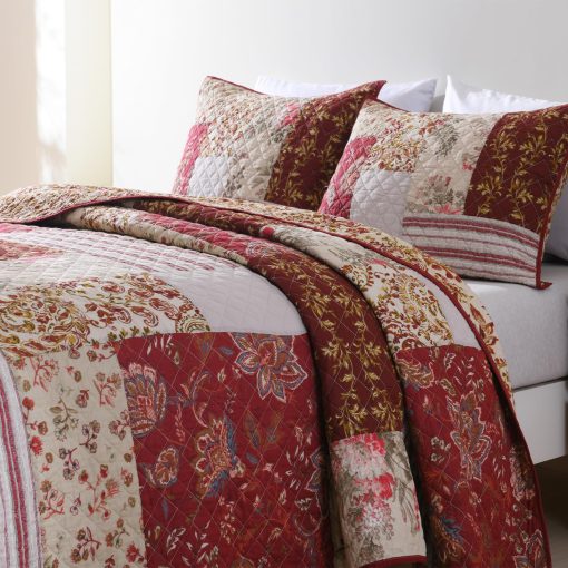 Juego de Edredon Navideno Travan de Algodon con Puntadas Reales Tamano King Juego de Ropa de Cama Acolchado Reversible con Fundas (Rojo Floral con Puntadas Reales, King 106"x92") - Imagen 3