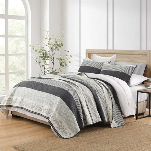 Edredon a rayas tamano Queen de SOElinens - Juego de edredon de algodon 100% con fundas a juego, Diseno de Vid de epoca Rustico para Ropa de Cama de Granja, 3 Piezas Colcha Ligera para Decoracion del Hogar en Todas las Estaciones, Gris Oscuro - Imagen 2