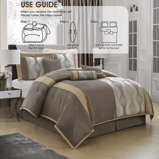 Juego de Edredon LANCO MODERN LIFESTYLE Queen, Gris Oro, 7 Piezas en un Paquete, Jacquard Ultra Suave con Trabajo de Piezas Solidas, Juego de Cama de Lujo con Edredones, Falda de Cama, Fundas de Almohada y Almohadas Decorativas - Imagen 6