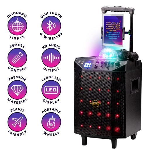 Maquina de Karaoke Portatil Starument para Adultos y Niños - Sistema Completo Incluye Altavoces Bluetooth, 2 Microfonos Bluetooth, Bola de Discoteca, Luz de Altavoz LED, Soporte para Telefono Celular y USB Aux - Imagen 3