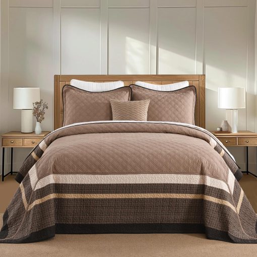 Colcha de Cama DDUOXIN Super King 120" Ancho x 120" Largo - Ligera Colcha de Algodon 100% Extra Grande con 2 Fundas de Almohada, Cubrecamas Reversible Estilo Granja, Juego de Ropa de Cama, Marron Oscuro/Marron/Beige