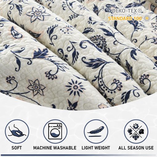 Colcha Acolchada Extra Grande KALOOLA 120x102, 100% Algodon Colchas de Cama Tamaño Queen, Ligera Reversible Cubrecama Edredon Set con Fundas de Almohada, 3 Piezas, Azul Marino Marron - Imagen 4