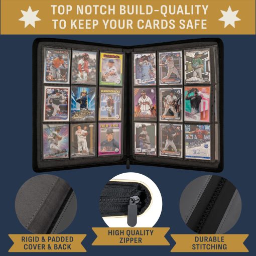 Carpeta de tarjetas de beisbol: impresionante carpeta de cuero PU en relieve 3D y coloreada a mano - album de 9 bolsillos con cremallera - Libro de mangas de carga lateral de 360 para tarjetas de beisbol de intercambio - Funciona con Topps, Bowman, Panini.. - Imagen 4