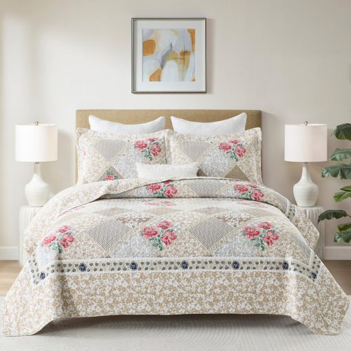 Colcha de cama extragrande KALOOLA 120x102, 100% algodon Cubrecamas floral Tamano queen, Ligera Colcha reversible Comforter Set con fundas de almohada, 3 piezas, marron