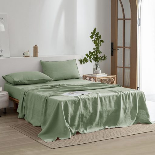Conjunto de sabanas de lino EVERLY tamano individual, 100% puro lino frances, 3 piezas (1 sabana encimera, 1 sabana ajustable, 1 funda de almohada) Adecuado para personas que duermen calientes, juego de ropa de cama natural de bolsillo profundo color verde saga - individual - Imagen 2