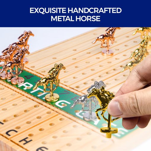 Juego de mesa de carreras de caballos MEA TOYS de 15.6 pulgadas, 13 caballos de metal, 4 dados, 2 cajas de cartas, emocionante juego de carreras de caballos para 11 jugadores con madera maciza, facil de jugar, ideal para edades 8+ para disfrutar en familia y con amigos - Imagen 7