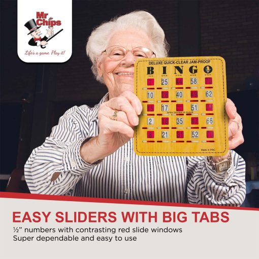 MR CHIPS Cartones de Bingo a Prueba de Atascos con Ventanas Deslizantes, 25 Cartones de Bingo Reutilizables, 75 Cartas de Llamada de Bingo, 1 Tablero Maestro de Bingo en Estilo de Veta de Madera - Imagen 7