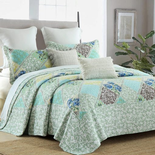 SahSahCasa 100% Algodon 120"x120" Colcha California King Extragrande, Juego de Cubrecama Acolchado Cal King, Colcha XL de Cama Estampada Ligera, 3 Piezas, Verde/Azul
