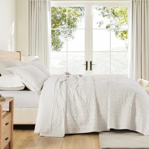 Juego de Edredon 100% Algodon PANGUSHAN Tamano King, Juego de Ropa de Cama con Patron de Bordado, Colcha Ligera de Estilo Granja, Blanco Beige Colcha Reversible para Cama King, 3 Piezas - Imagen 3