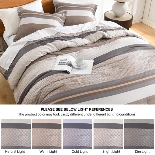 Edredon de Tamano Queen DDUOXIN - Moderno Rayas de Algodon de Fibra Larga en Tamano Queen, Juego de Edredon Suave Marron de Invierno para Cama, 2 Fundas de Almohada - Imagen 7