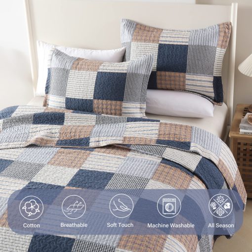 Juego de Edredon King Size Finlonte - Juego de Edredon de Algodon King Size Azul Marino Marron Blanco a Cuadros, Edredon de Estilo Granja Reversible, Colcha Suave y Ligera, Cubrecamas Acolchado para Todas las Estaciones, 3 Piezas - Imagen 4