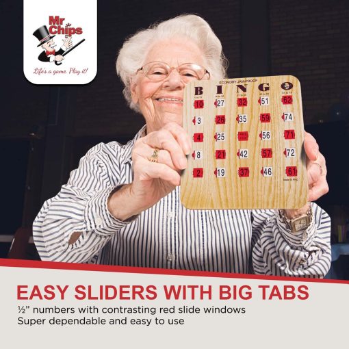 Tarjetas de Bingo MR CHIPS a Prueba de Atascos con Ventanas Deslizantes, 50 Tarjetas de Bingo Reutilizables, 75 Tarjetas de Llamado de Bingo, 1 Tablero Maestro de Bingo en Estilo Madera de Grano de Madera de Granate - Imagen 8