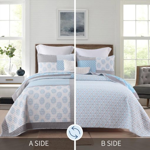 Juego de Colcha PANGUSHAN tamaño Queen, Juego de Cama de Algodon 100%, Colcha Reversible de Patchwork Floral para Cama Queen, Colcha Ligera en Azul Claro/Gris, Edredon Ligero para Todas las Estaciones, 3 Piezas - Imagen 4