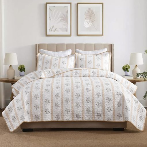 Edredon Queen CozyStitch, Edredon de Algodon 100%, Juego de Conforter Queen Moderno Estilo Granja, Colcha Blanca/Beige Acolchada, Juego de Ropa de Cama Reversible Ligero Floral Todo Temporada, 3 Piezas