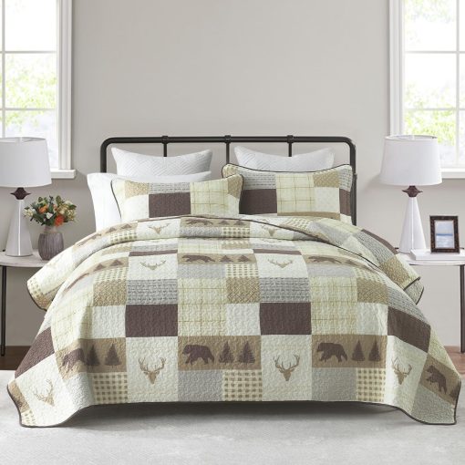 Juego de Edredones a Cuadros QuiltEase Tamaño Queen - Juego de 3 Piezas - Edredon de Granja de Algodon 100% para Todas las Estaciones - Juego de Conforter Reversible Ligero - Crema/Marron/Gris