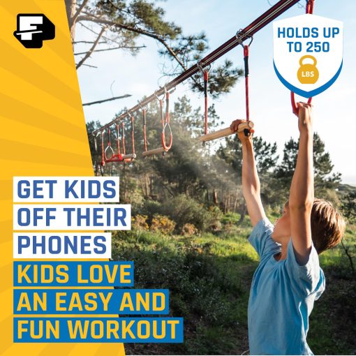 Obstaculo de Ninja mas grande de 65 pies para Ninos al Aire Libre - Incluye Tirolesa Ninja Slider - 11 Obstaculos de Ninja - Escalera de Cuerda, Rueda Giratoria, Anillas de Gimnasia, Barras de Mono, Polea - Imagen 4