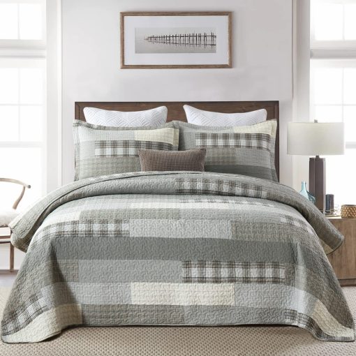 PERHOM Colcha Queen de 100% Algodon, Juego de Colchas Queen en Gris (Gris) con Cuadros a Cuadros, Colcha de Cama Queen de Tamano Grande Reversible y Suave para Todas las Estaciones, 3 Piezas