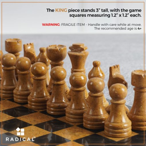 Juego de ajedrez de marmol Radicaln de 12 pulgadas en negro y dorado - Juegos de adultos de ajedrez hecho a mano - Juego portatil de ajedrez de torneo - 1 tablero de ajedrez y 32 piezas de ajedrez - Juegos de mesa de viaje - Imagen 3