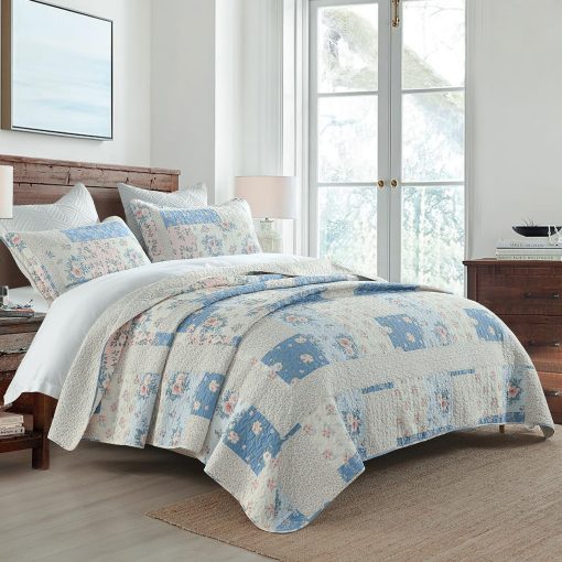 Colcha King DDUOXIN (120"x120") - 100% Algodon, Colcha Reversible Acolchada con 2 Fundas de Almohada, Juegos de Colchas Ligeras con Diseño Floral Campestre, Azul, King/Cal King - Imagen 2