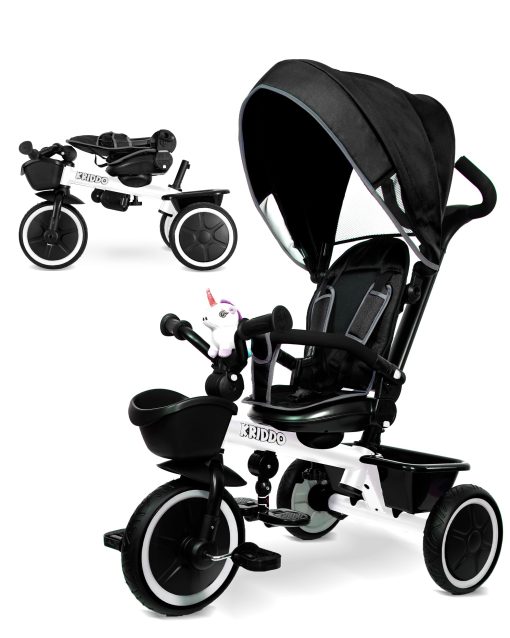 Triciclo cochecito KRIDDO 7-en-1 para niños de 18 meses a 5 años, Mango de empuje ajustable, Asiento giratorio, Portavasos y Capota retractil, Triciclo plegable para bebes con barandilla desmontable, Reposapies, Blanco