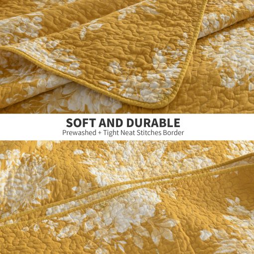 Juego de edredon estampado floral amarillo PERHOM en tamano King - Juego de edredon King de algodon 100%, suave y transpirable, juego de ropa de cama de estilo campestre, cubrecamas, edredon de cama para todas las estaciones, 3 piezas - Imagen 5