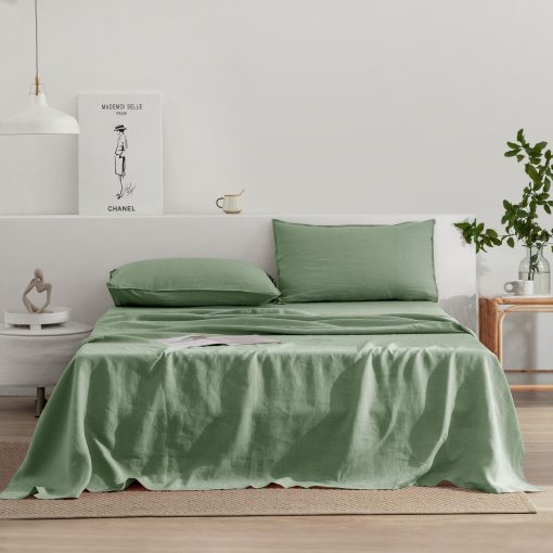 Conjunto de sabanas de lino EVERLY tamano individual, 100% puro lino frances, 3 piezas (1 sabana encimera, 1 sabana ajustable, 1 funda de almohada) Adecuado para personas que duermen calientes, juego de ropa de cama natural de bolsillo profundo color verde saga - individual