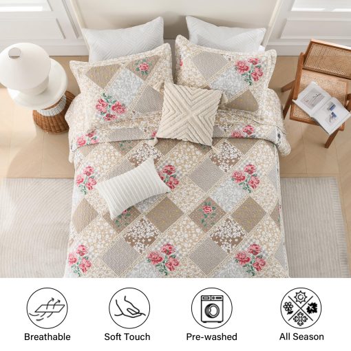 Colcha de Cama Extragrande Finlonte 102x120 Pulgadas - Colcha de Cama Queen Extragrande 100% Algodon, Colcha Acolchada Extragrande de Estilo Campestre, Cubrecama Reversible Ligero, Juego de Ropa de Cama, Marron/Gris - Imagen 6